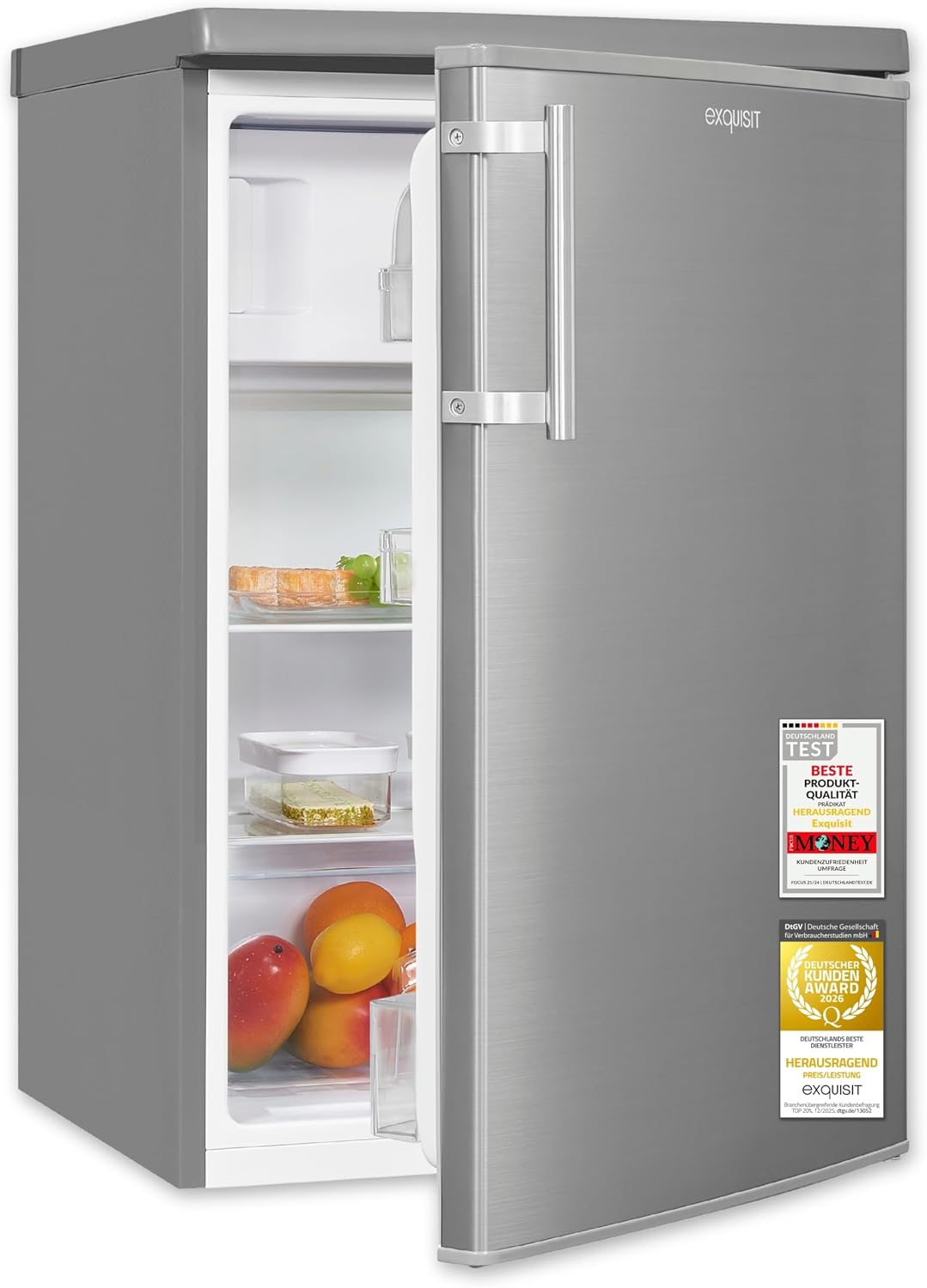 Exquisit Kühl-Gefrierkombination, Kühlschrank mit 4* Gefrierfach - 109 L Kühl-Gefrierkombi - Inox