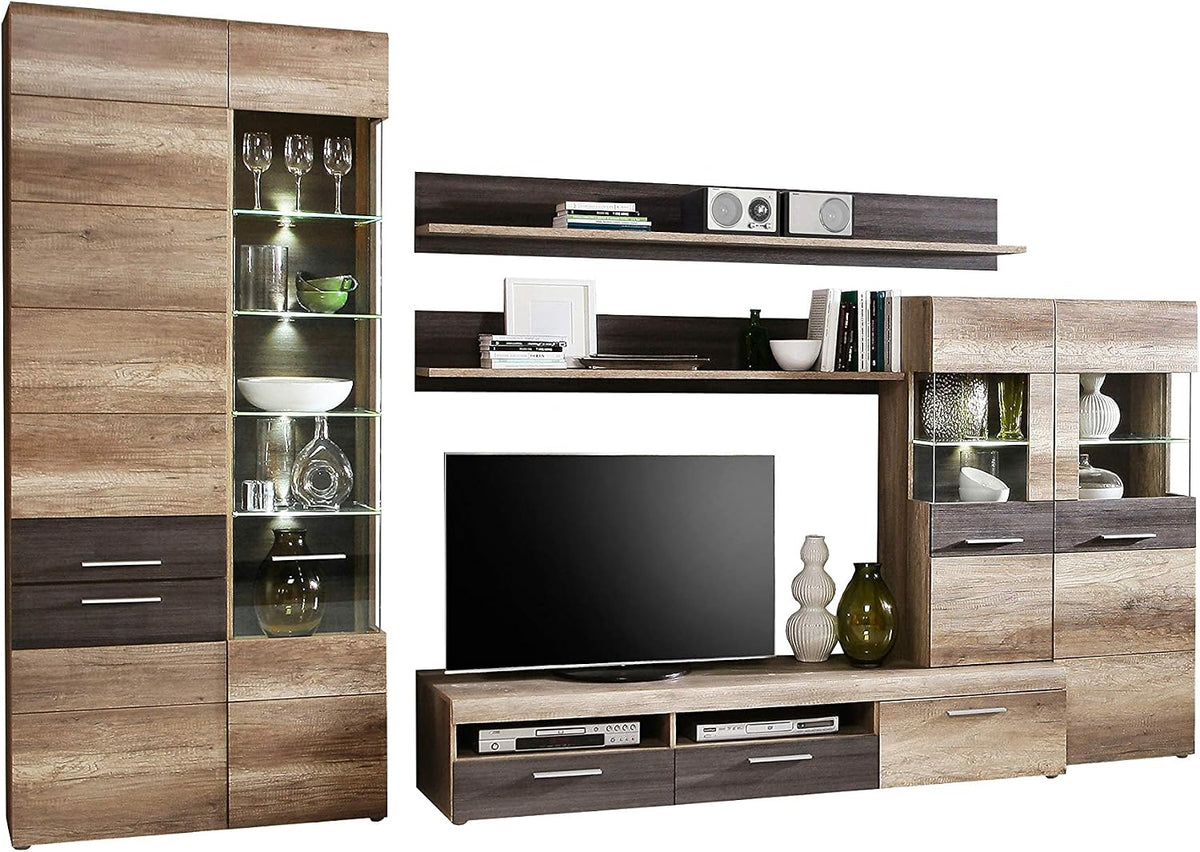Sideboard, Nabou Wohnwand mit 6 Tüen und 2 Schubladen, Holzwerkstoff, Eiche Antik/Touchwood, 207 x 349 x 52 cm, Forte