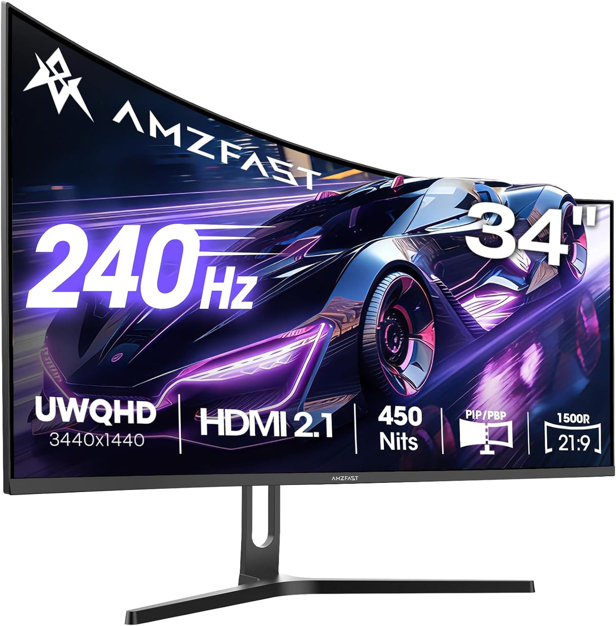 Amzfast 34 Zoll Curved Gaming Monitor, 3440 × 1440 UWQHD, 240Hz, 1ms MPRT, 1500R VA Curved, 21:9, 3000:1 Kontrast, 450cd/m², 130% sRGB, Adaptive Sync