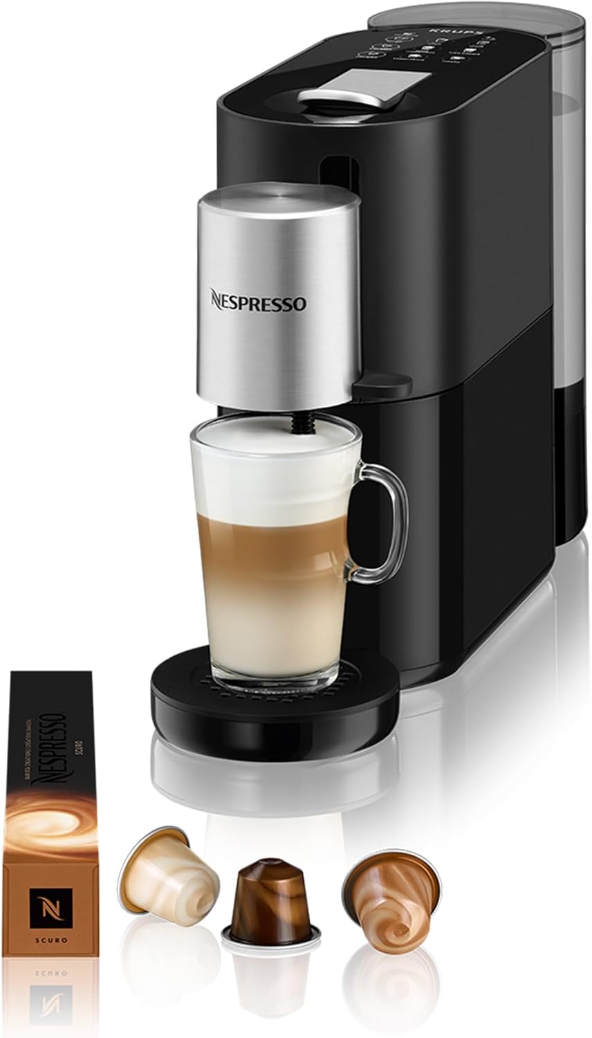 KRUPS Nespresso Atelier Kaffeemaschine, mit Milchaufschäumer, 1 L Wassertank, inkl. Glastasse+Kapseln, 19bar Druck, schwarz/silber, XN8908
