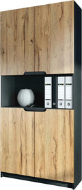 Aktenschrank V2 Büroschrank Logan Made in Germany, mit 5 Fächern und 4 Türen, Schwarz matt/Eiche Natur (82 × 184 × 37 cm), Vladon