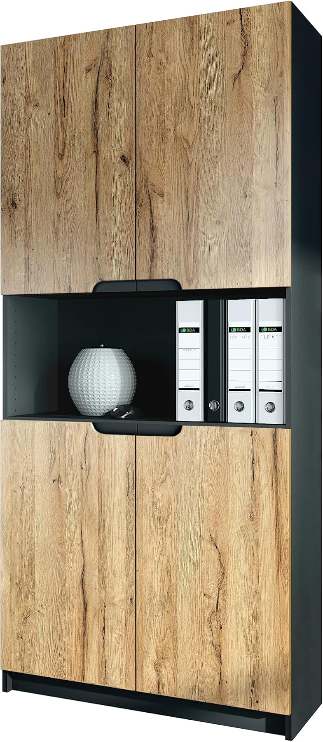 Aktenschrank V2 Büroschrank Logan Made in Germany, mit 5 Fächern und 4 Türen, Schwarz matt/Eiche Natur (82 × 184 × 37 cm), Vladon
